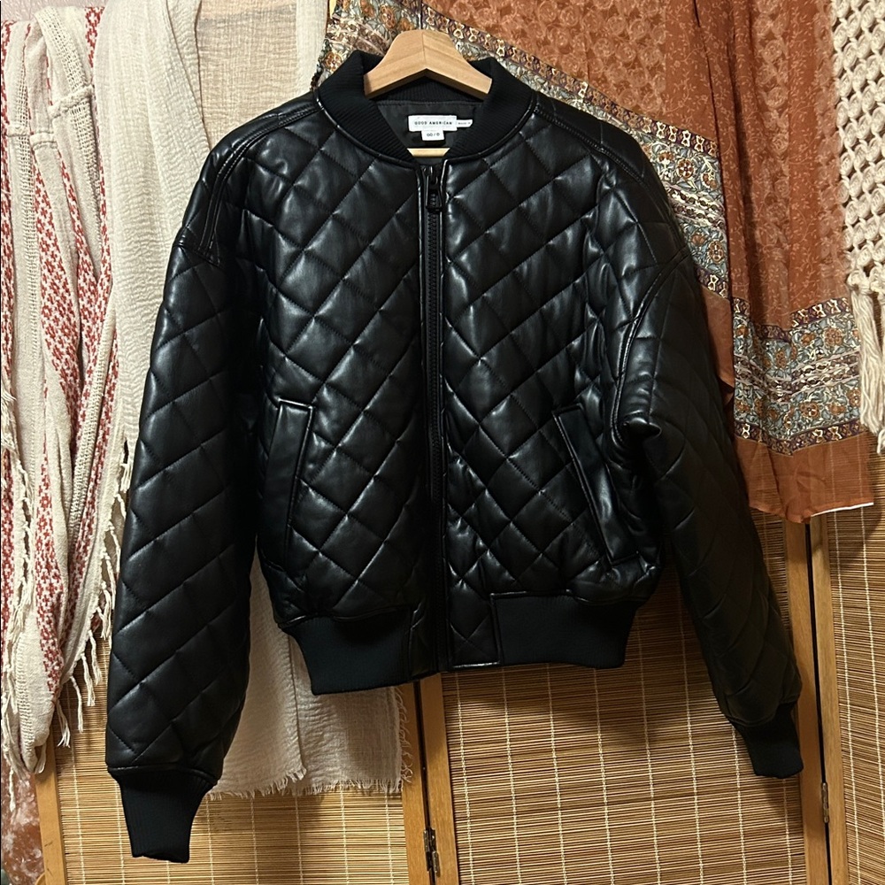 Good American | Black Faux Leather Bomber Jacket